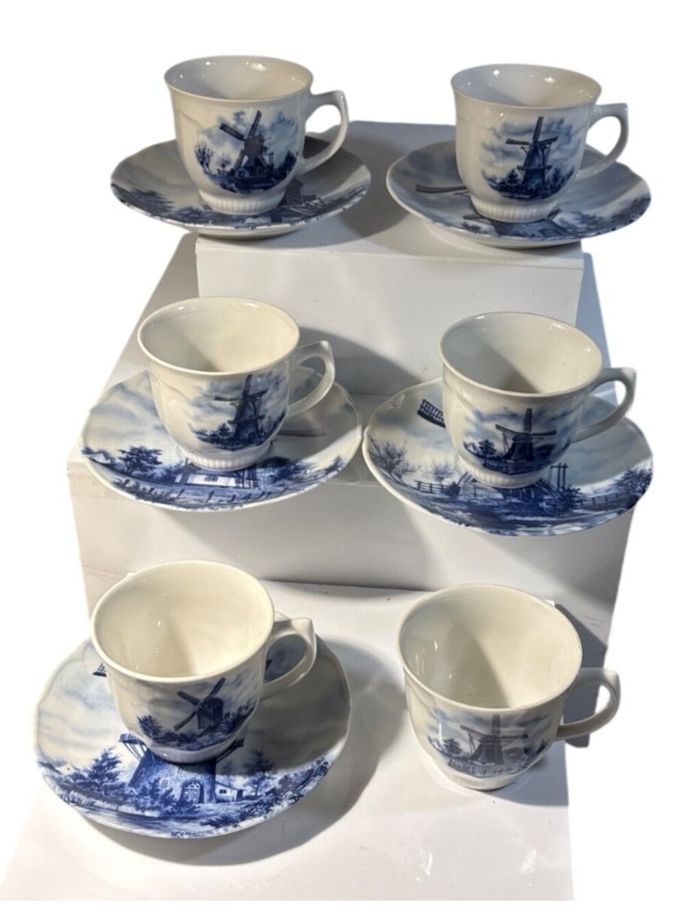 Ter Steege BV Delft Blauw Demitasse Cup & Saucer Set 6 Cups 5 Plates Windmills